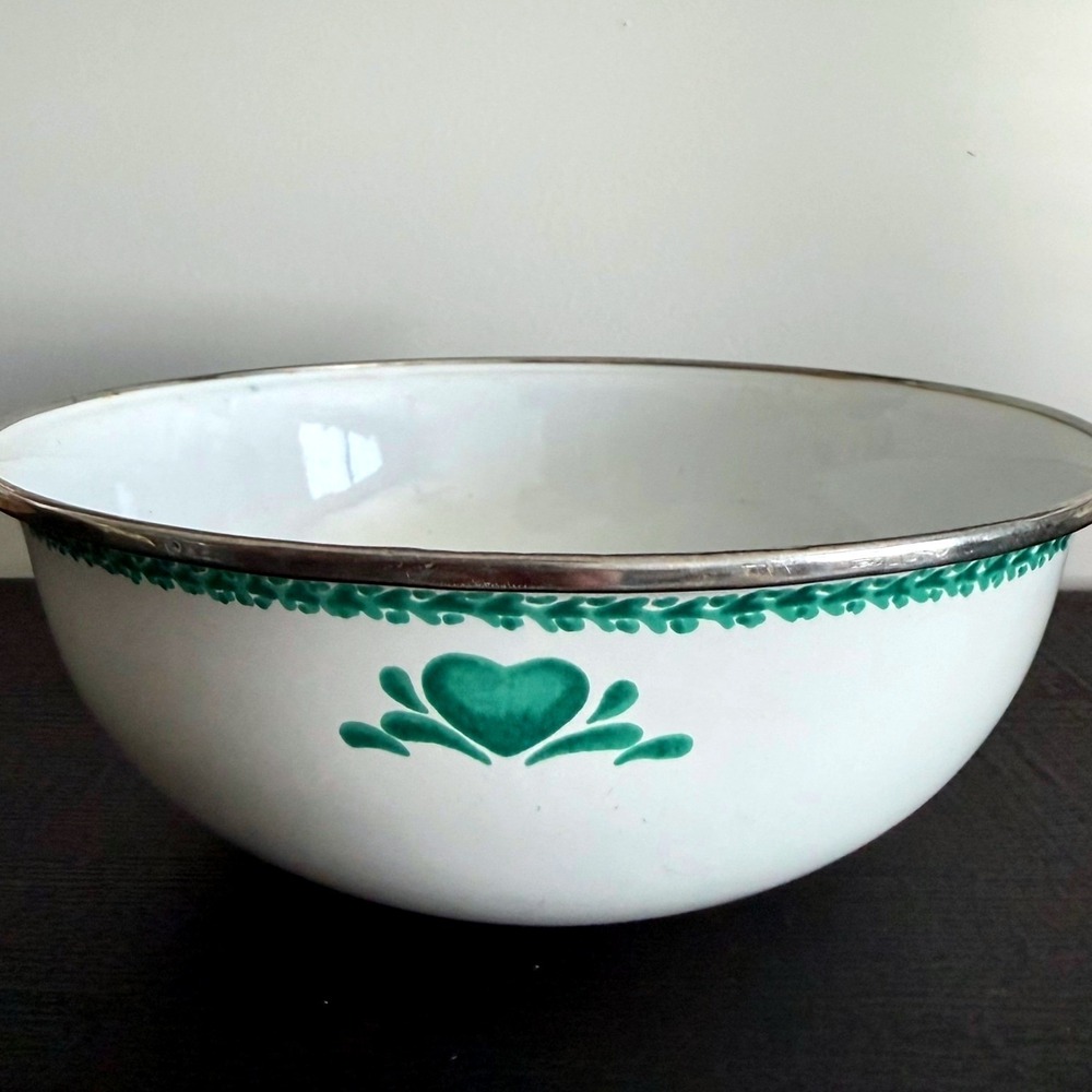 Vintage Enamelware Mixing Bowl White Green Heart Farmhouse Decor Basin